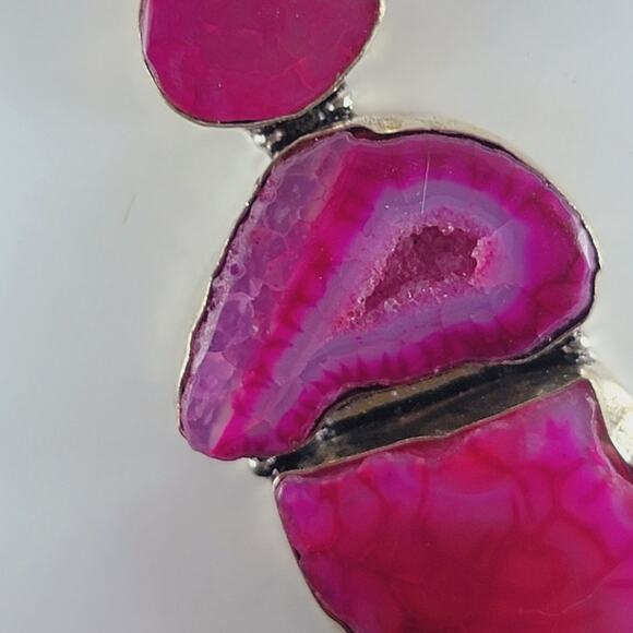 Pink Agate Geode Pendant Sterling Silver 2.75" Triple Druzy Statement - Picture 5 of 10